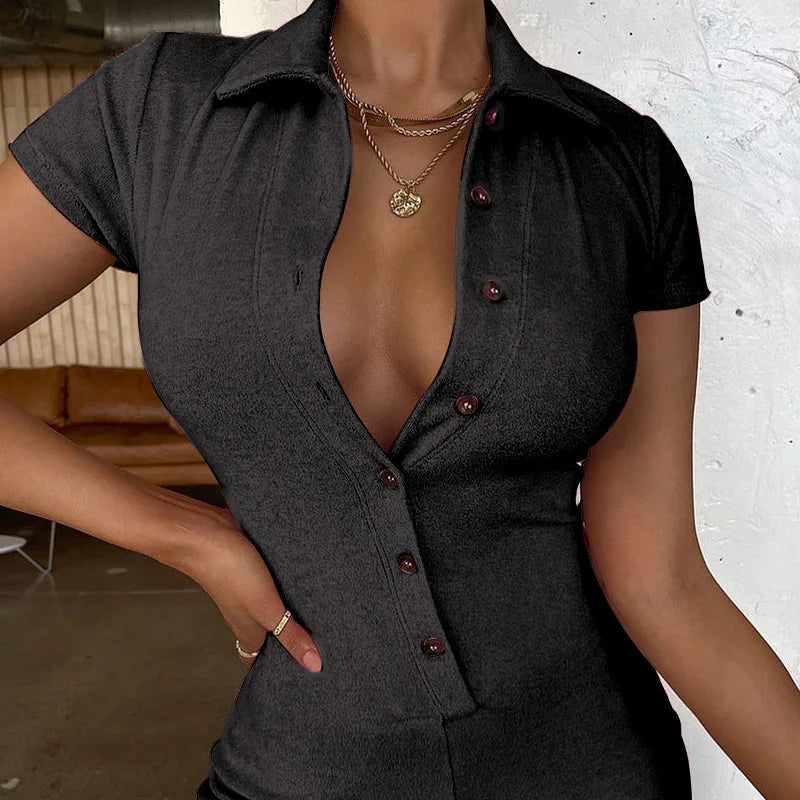 Women Summer Casual Rompers Overalls Solid V-neck Short Sleeve Buttons Bodycon Slim Fit Playsuits Y2K Kawaii Streetwear Outfits