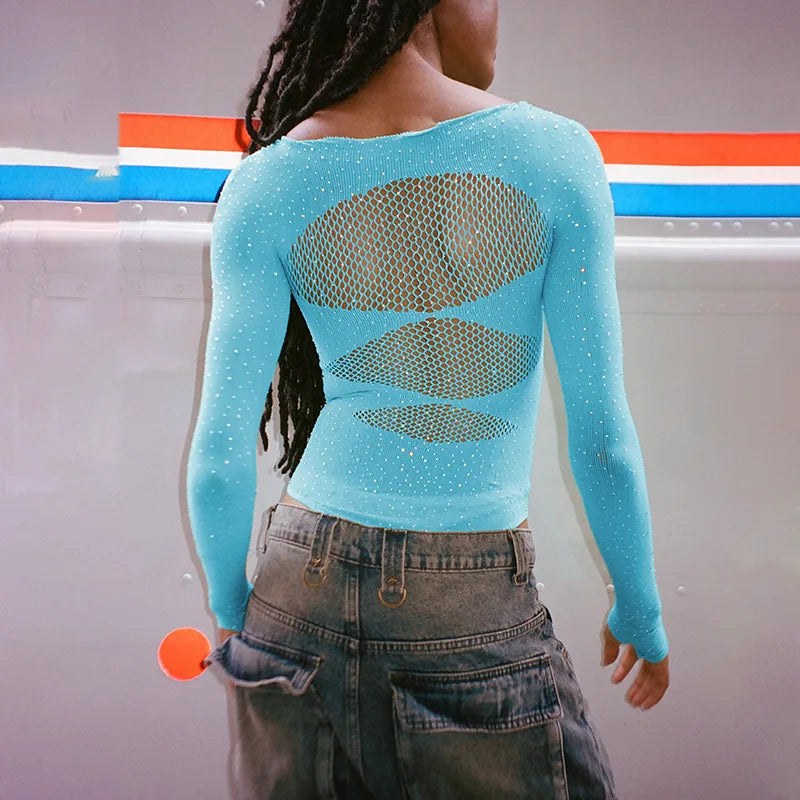 Long sleeve bodysuits sexy Summer outfit body suits women y2k clothes black bodysuit knitted rhinestone body suits seethrough