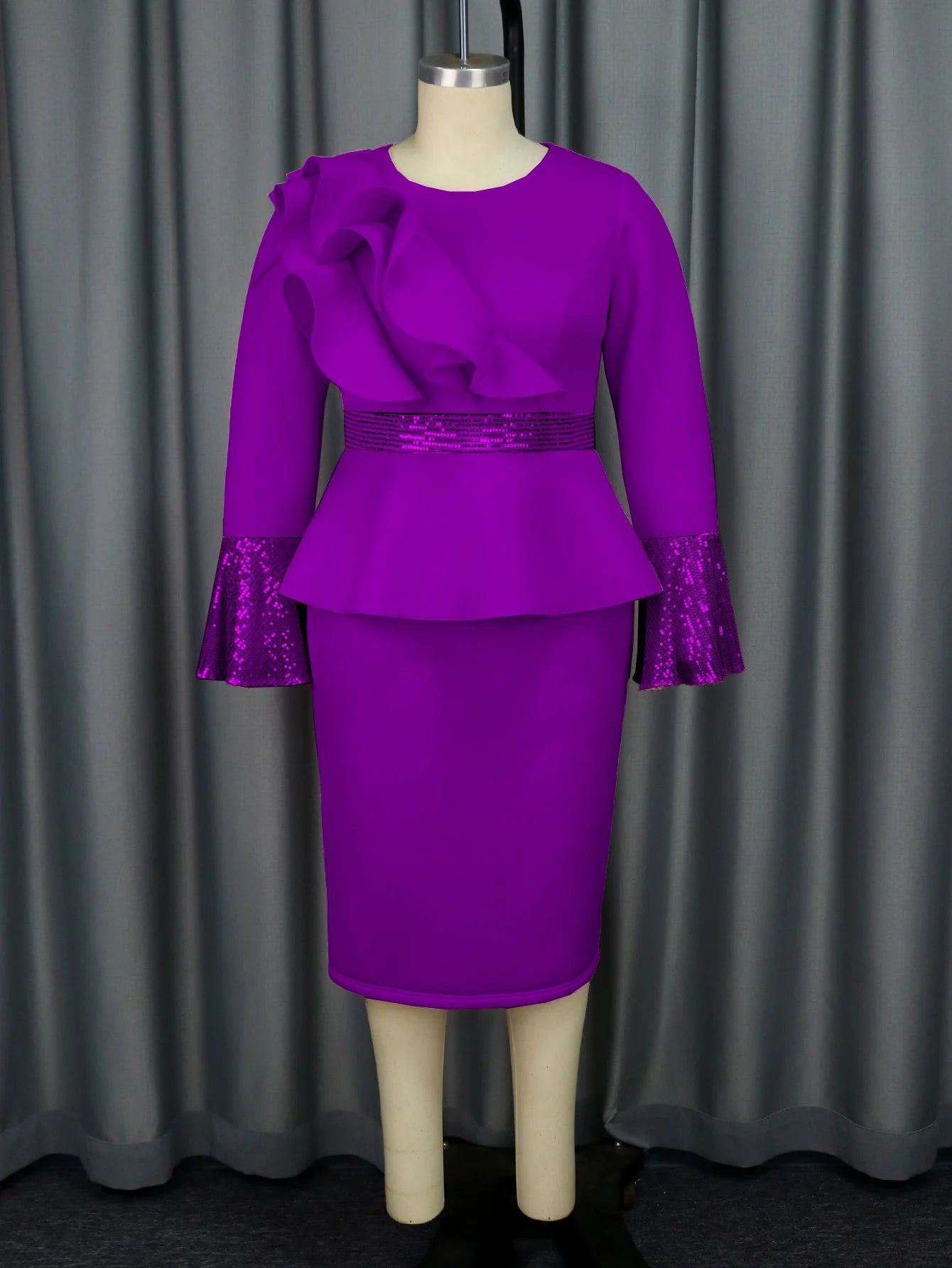 Church Dresses for Women Elegant Ruffles Long Flare Sleeves Sequined Party Bodycon Peplum Classy Occasion African Wedding Guest