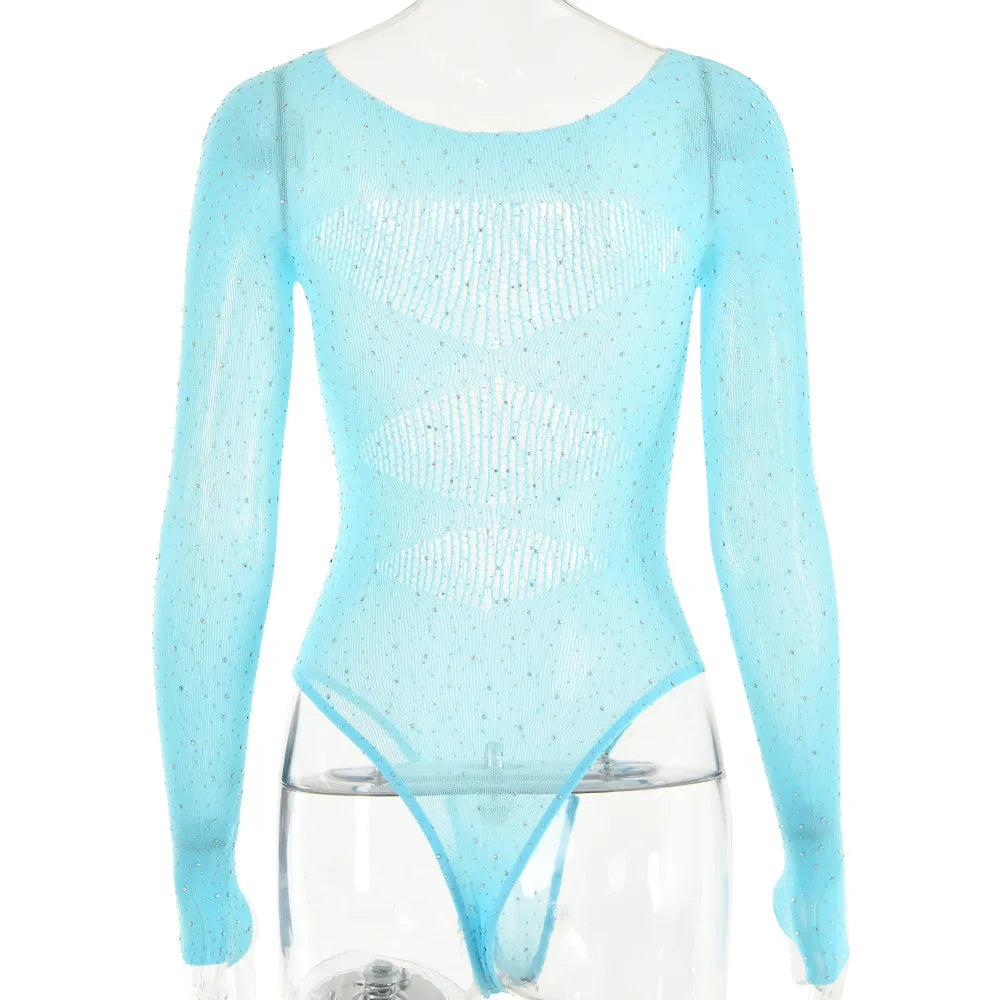 Long sleeve bodysuits sexy Summer outfit body suits women y2k clothes black bodysuit knitted rhinestone body suits seethrough