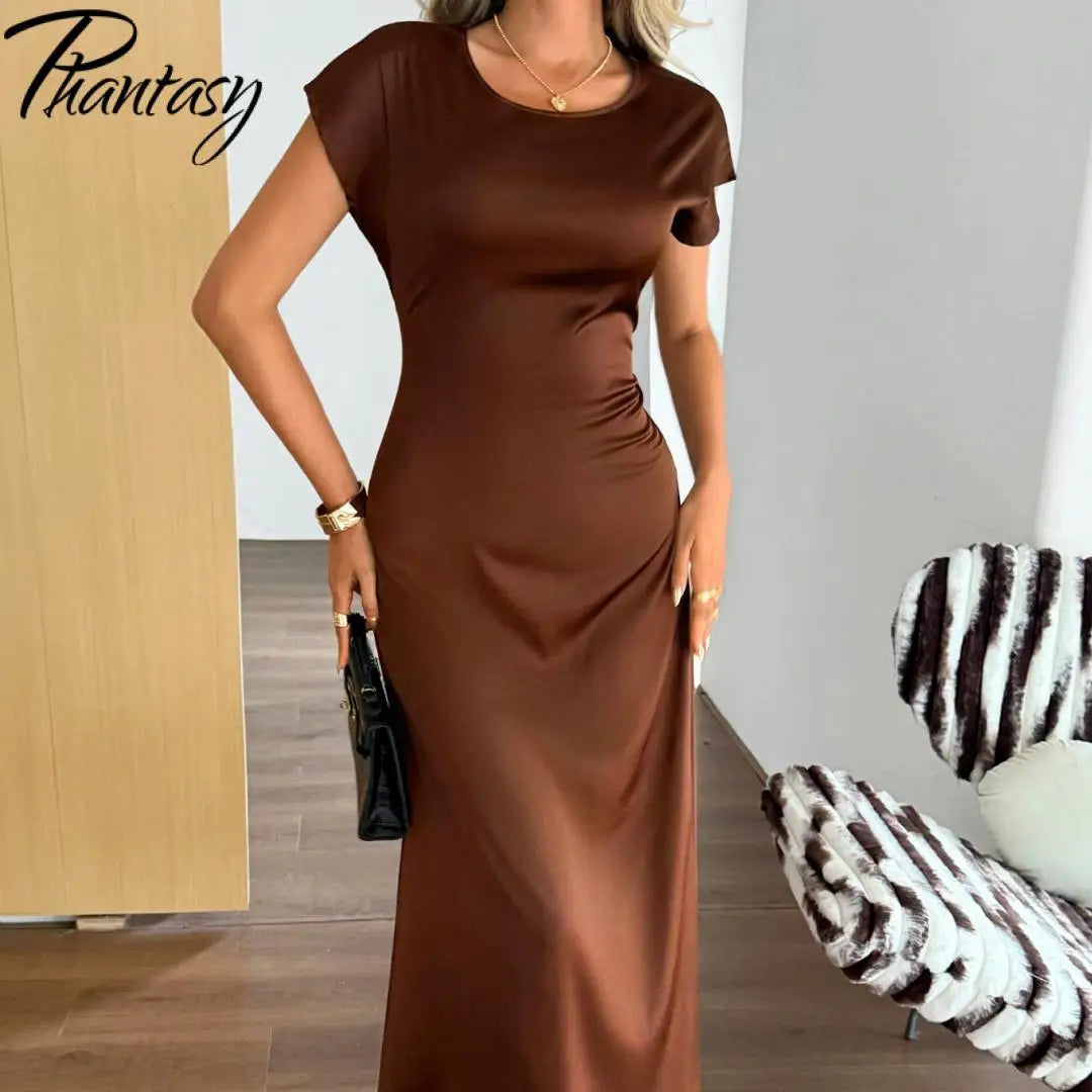 Phantasy Elegant Temperament Dresses Fashion Short Sleeved Solid Color Casual Long Skirt Slim Fit Long Dress Female Clothing 