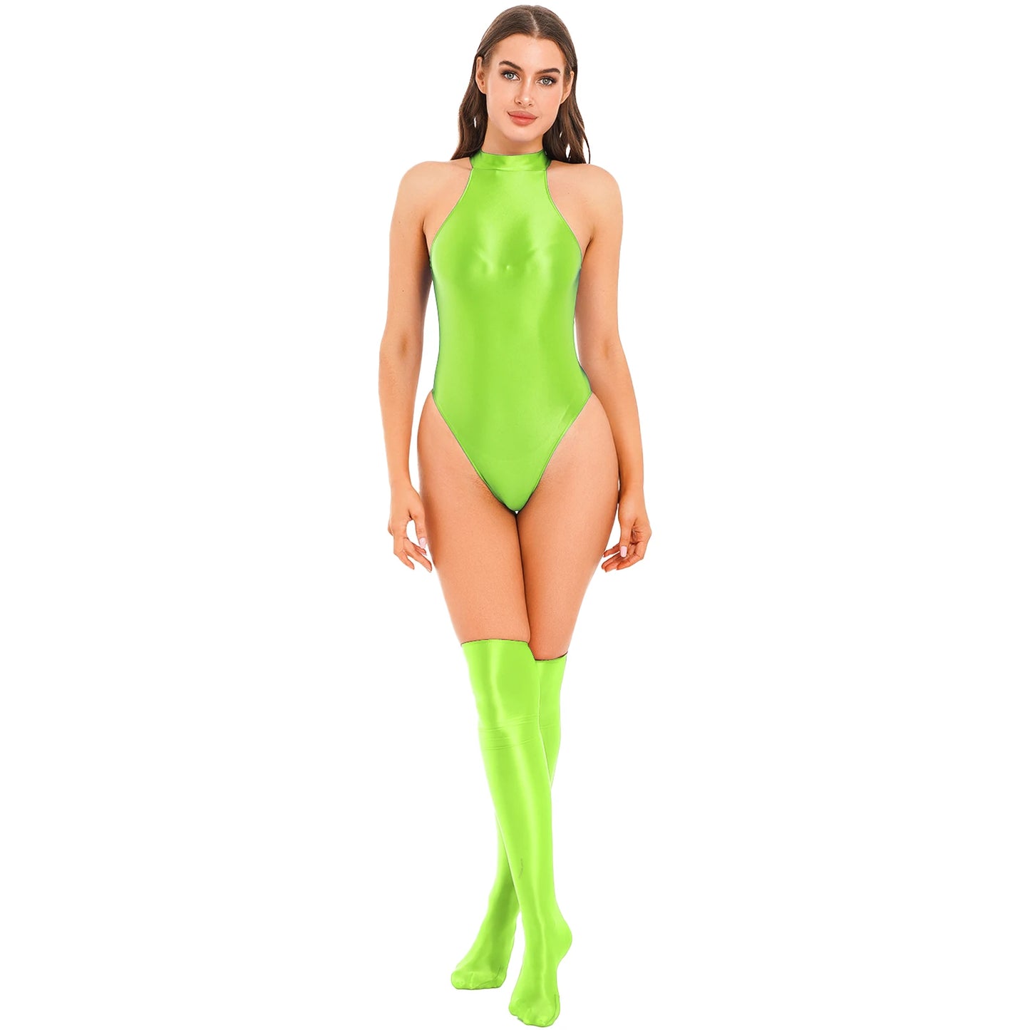 Womens Glossy Bodysuit Swimsuit Solid Color Mock Neck Sleeveless Leotard with Thigh High Stockings Swimwear Nightwear Clubwear
