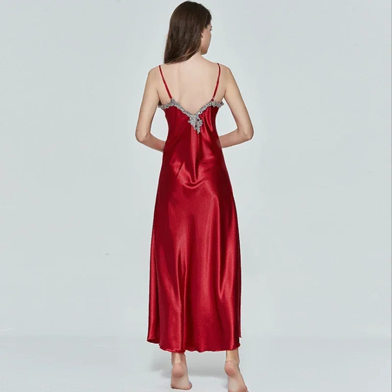 Ladies Night Long Hot Dress Womens Satin Silk Lace Sleeveless Embroidery Sexy Costumes Exotic Pajamas Favorite Life Interest