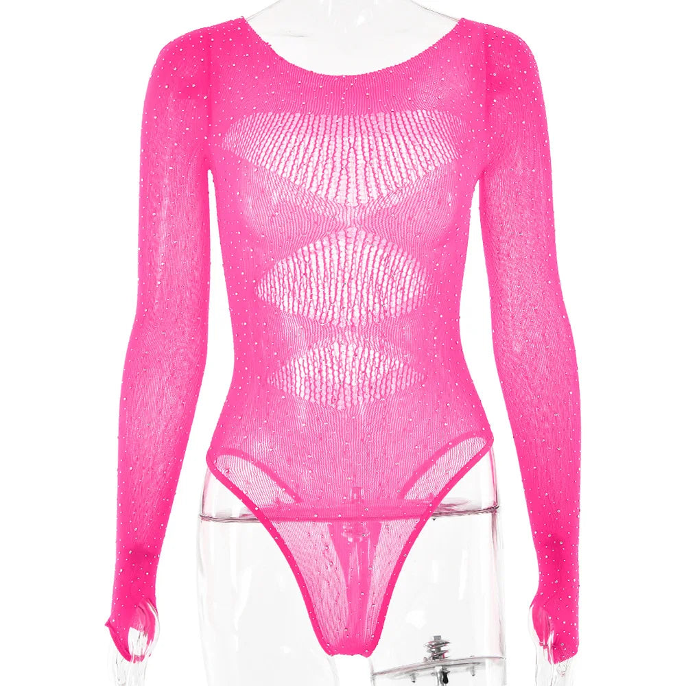 Long sleeve bodysuits sexy Summer outfit body suits women y2k clothes black bodysuit knitted rhinestone body suits seethrough