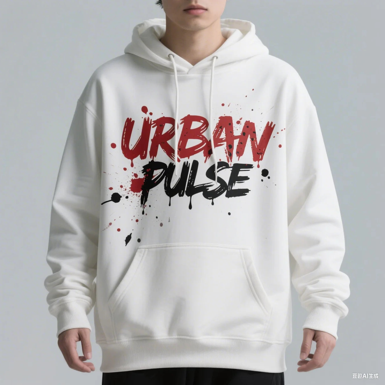 Unisex Graffiti Splatter Print URBAN PULSE 330G Hoodie with Pocket Black White Long Sleeve Casual