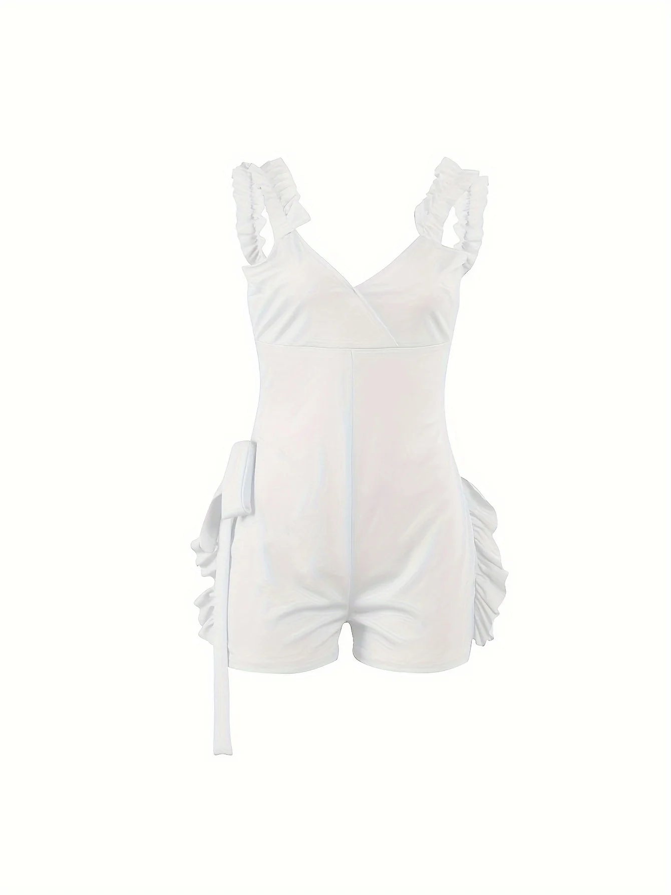 Ruffle Deep V Neck Summer Romper Sexy Bow Tie Short Jumpsuit Women Sleeveless Casual Playsuit Overalls Rompers