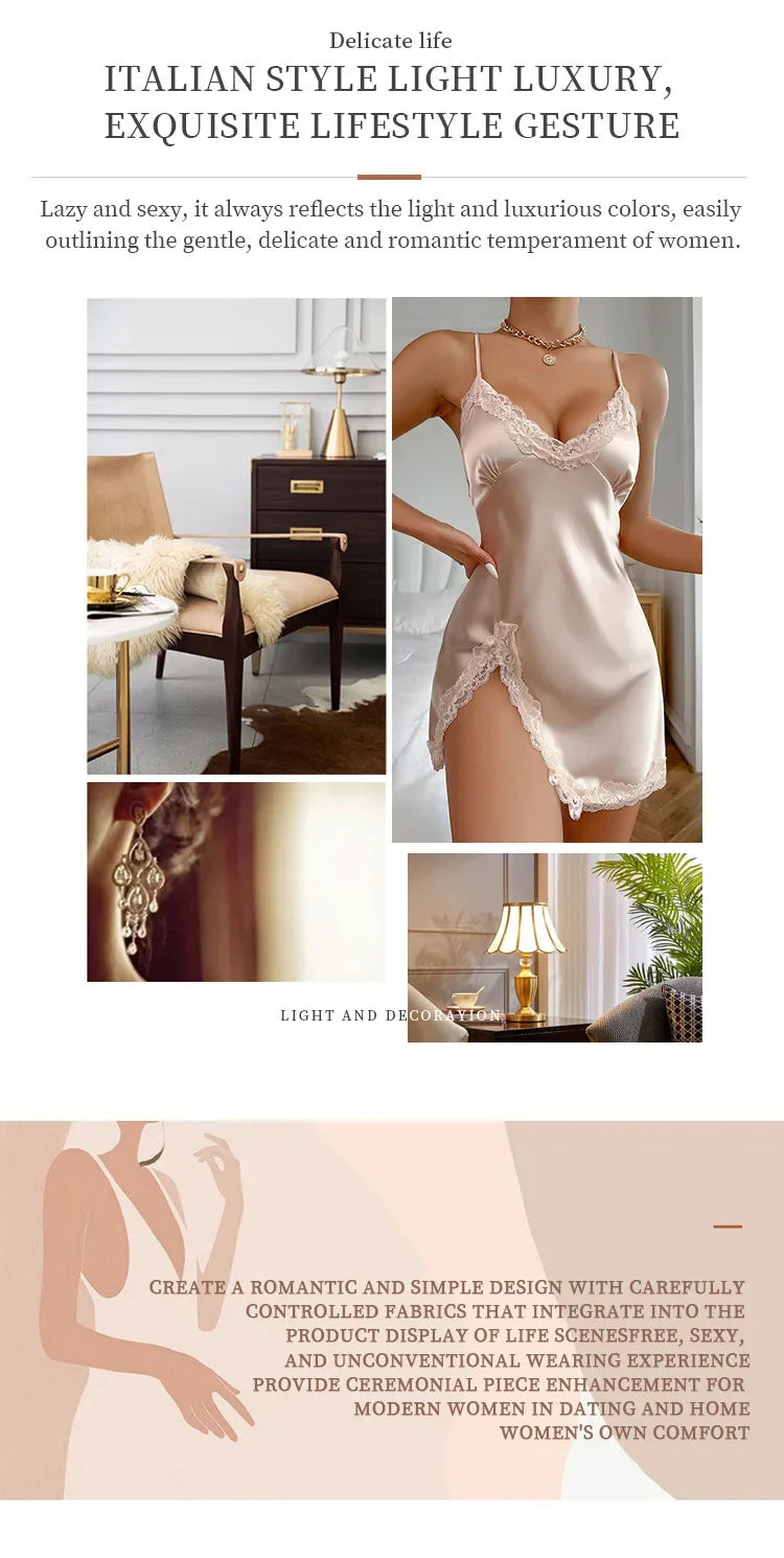 Lace Trim Leopard Nightdress V Neck Backless Side Split Slip Sleep Dress Women's Sleepwear Dresses