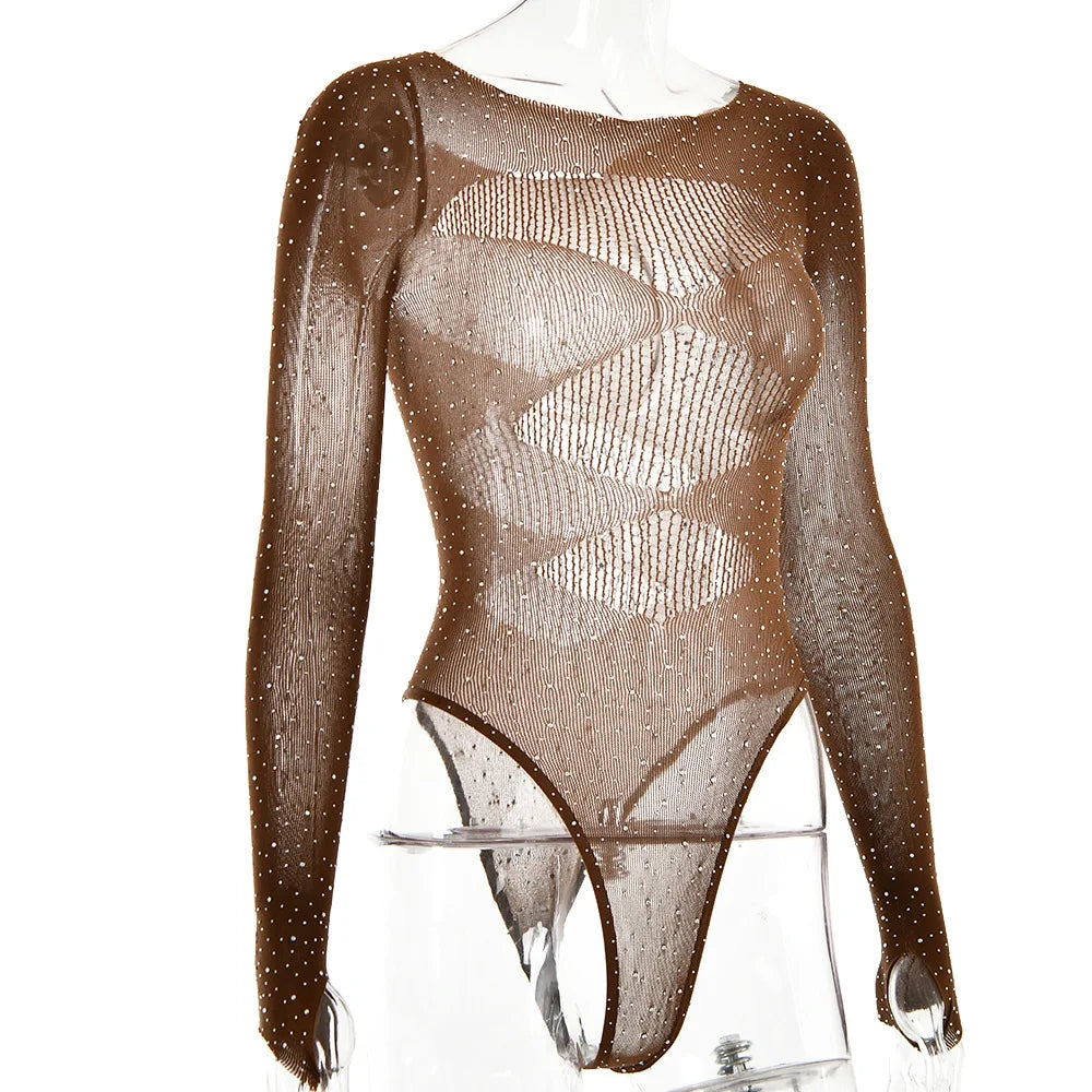 Long sleeve bodysuits sexy Summer outfit body suits women y2k clothes black bodysuit knitted rhinestone body suits seethrough