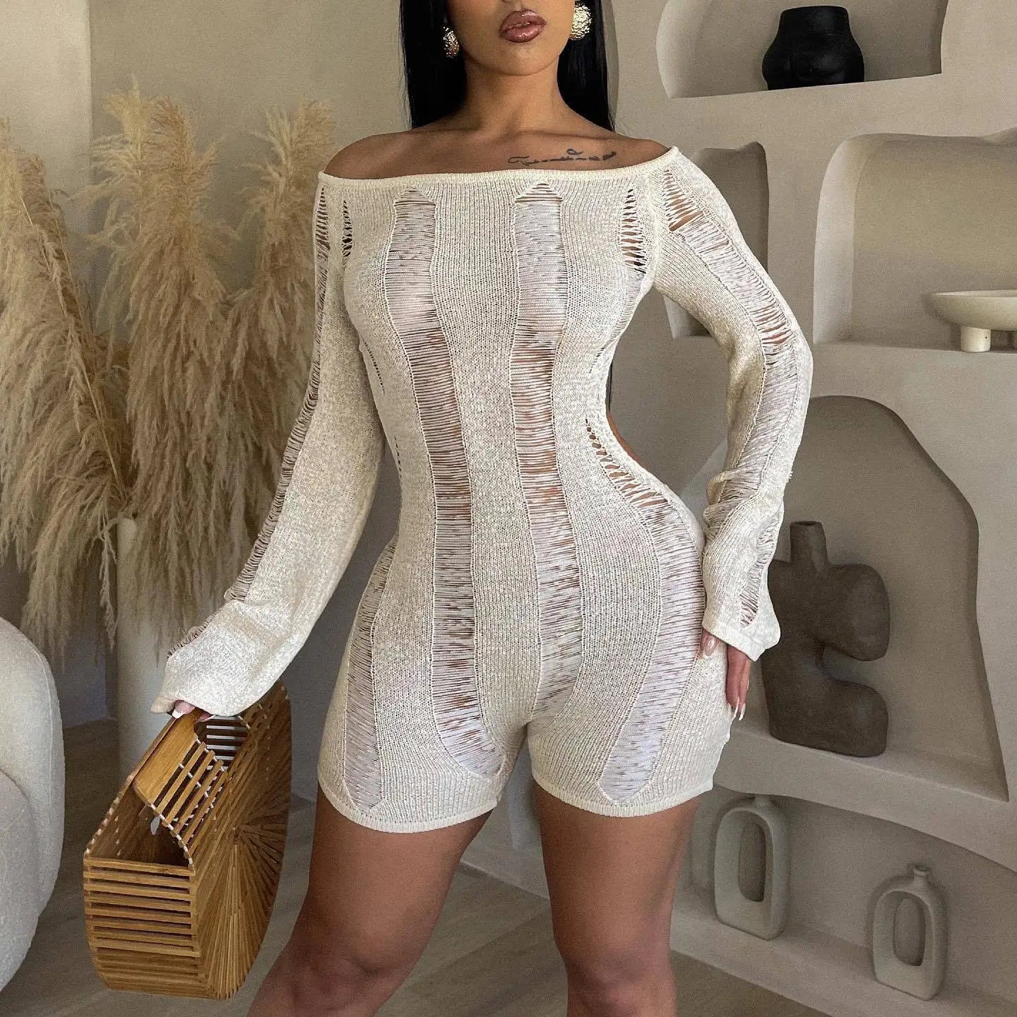 Leosoxs Rip Romper Women See Through Summer One Word Collar Backless Sexy Skinny Fitness Playsuit Activity Party Clubwear