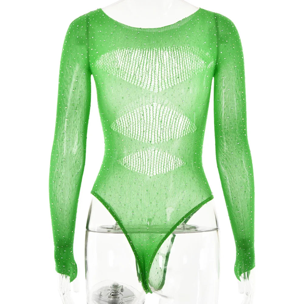 Long sleeve bodysuits sexy Summer outfit body suits women y2k clothes black bodysuit knitted rhinestone body suits seethrough