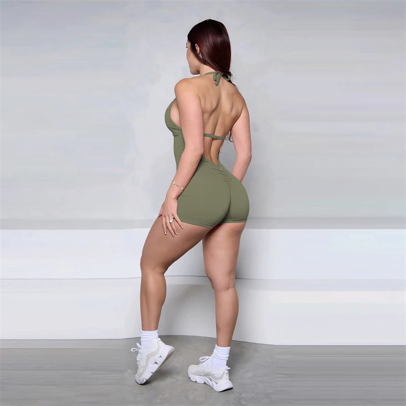 Bum Women Halter Scrunch Butt Rompers Yoga Set Backless One-Piece Suit Women Short Gym Rompers Yoga Set Fitness Boilersuit Sport