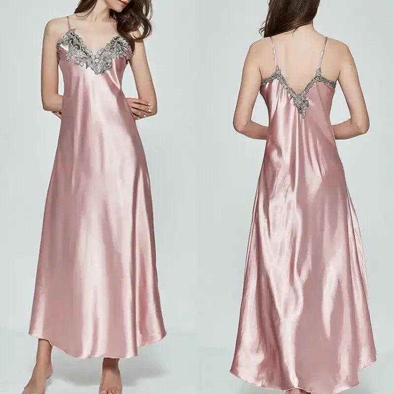 Ladies Night Long Hot Dress Womens Satin Silk Lace Sleeveless Embroidery Sexy Costumes Exotic Pajamas Favorite Life Interest