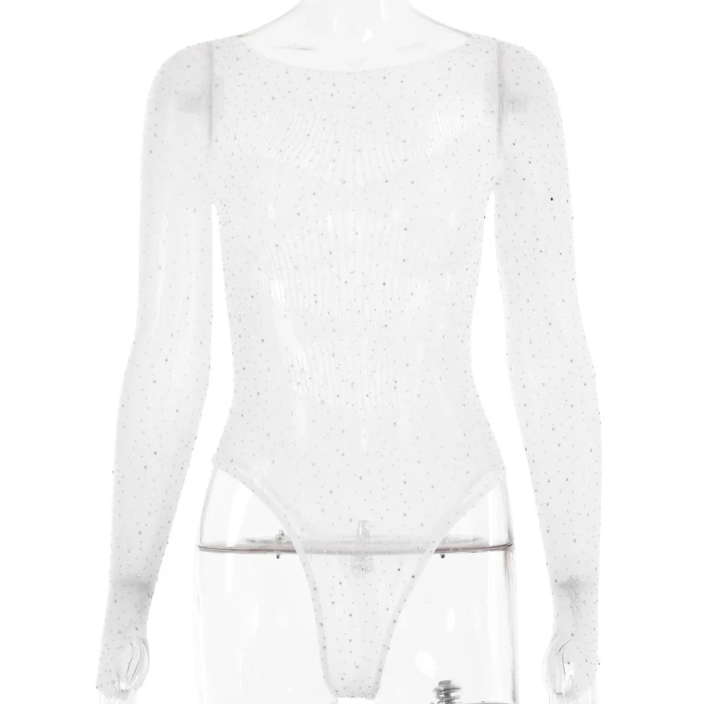 Long sleeve bodysuits sexy Summer outfit body suits women y2k clothes black bodysuit knitted rhinestone body suits seethrough