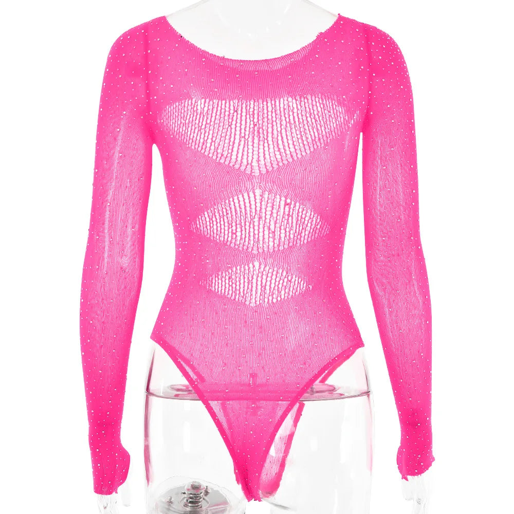 Long sleeve bodysuits sexy Summer outfit body suits women y2k clothes black bodysuit knitted rhinestone body suits seethrough