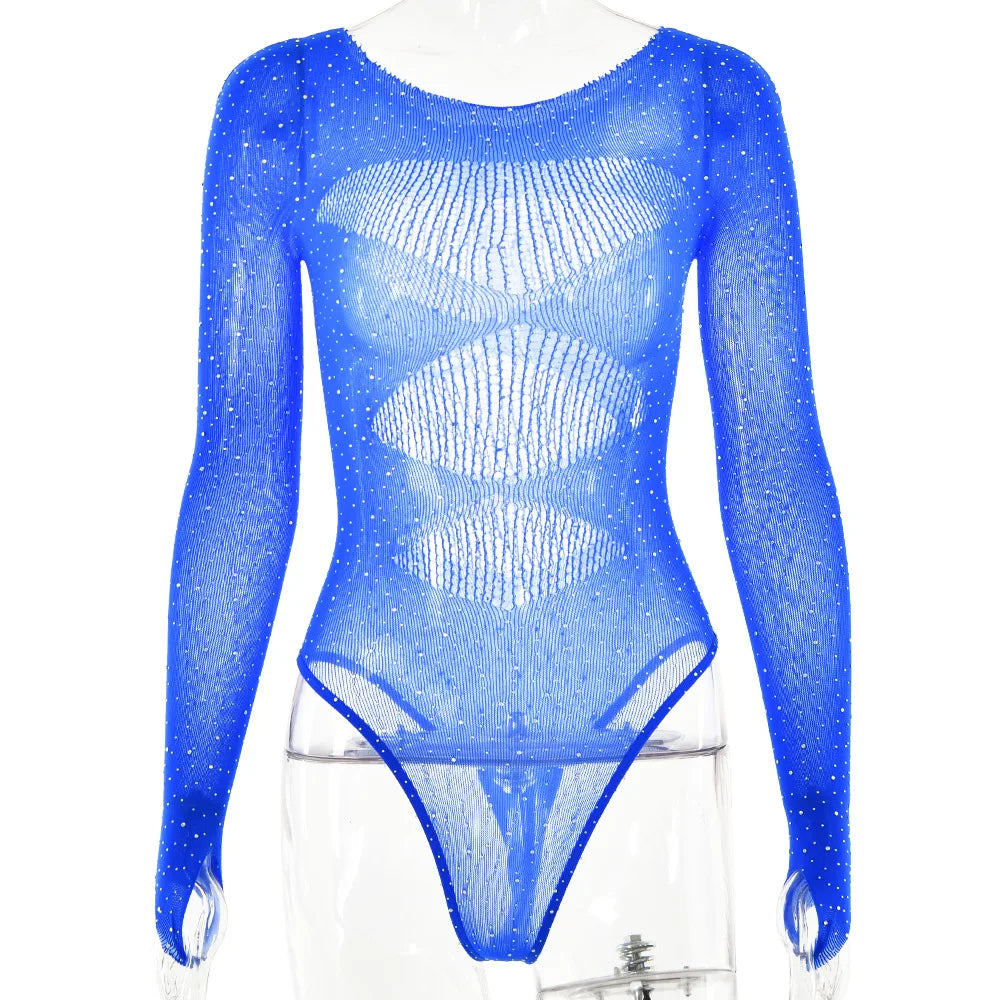 Long sleeve bodysuits sexy Summer outfit body suits women y2k clothes black bodysuit knitted rhinestone body suits seethrough