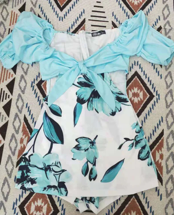 2021 Women Summer Off Shoulder Floral Print Ruffles Cutout Design Romper Knotted Puff Sleeve Skinny Playsuits