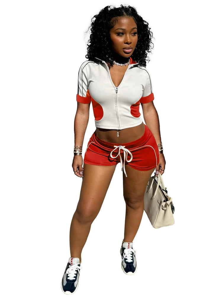 Women Sets Outfit Summer Streetwear Panelled Two Tone Slim Sports Short Sleeve Shorts Suits Zip Crop Tops Casual 2 Two Piece Set