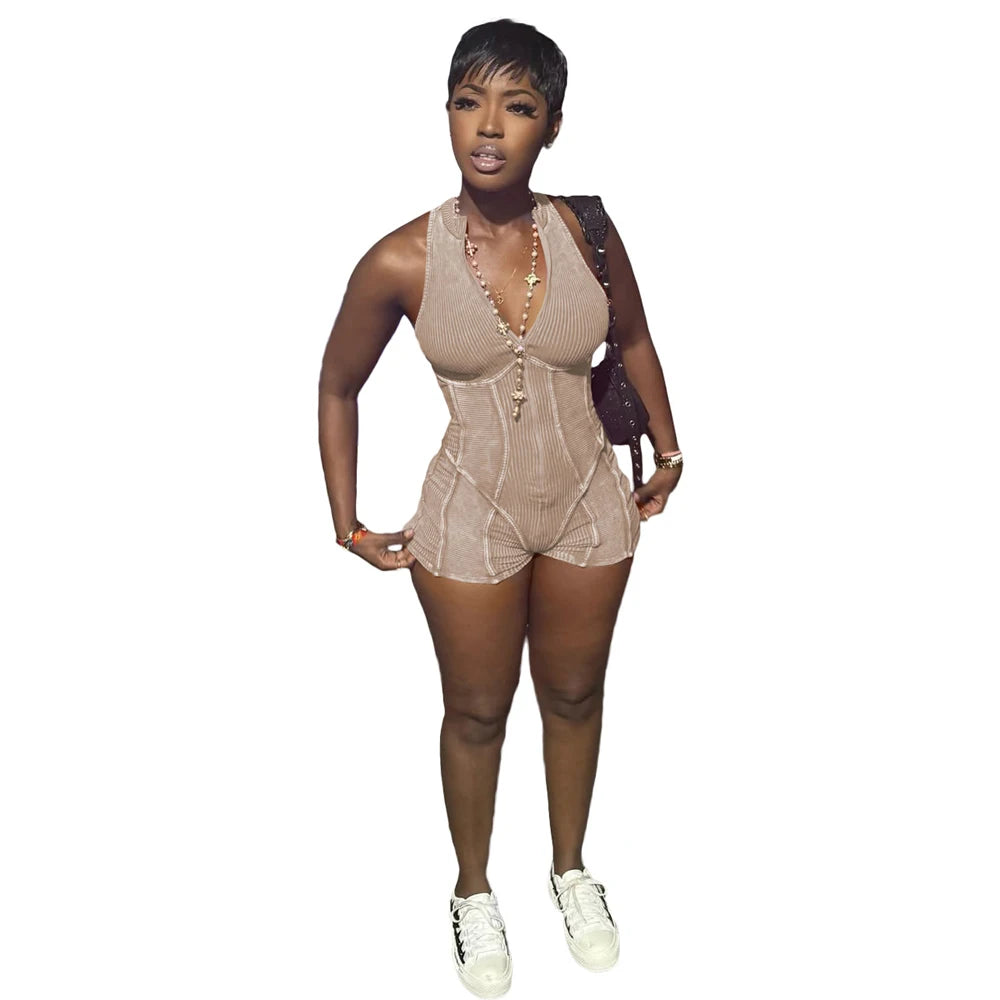 Women Ribbed 1 Piece Rompers 2025 Summer Casual Washed Retro Playsuits Street Clothes Sexy V Neck Sleeveless Bodycon Jumpsuits