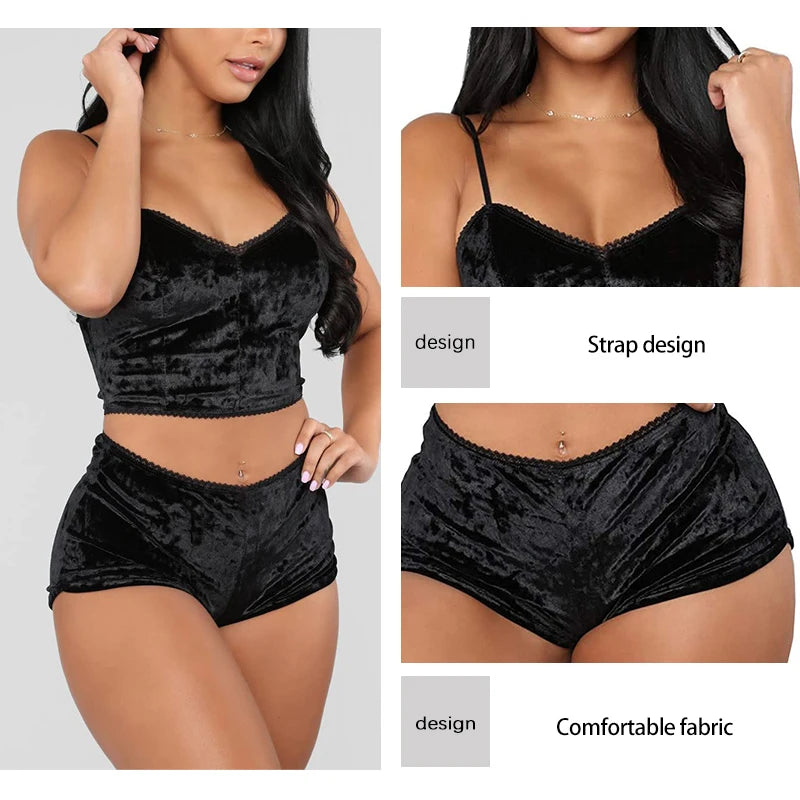 Women's Sexy Suspender Sleepwear Set Black Gold Velvet Two-Piece Set Suspender Home Women's Sleepwear Set