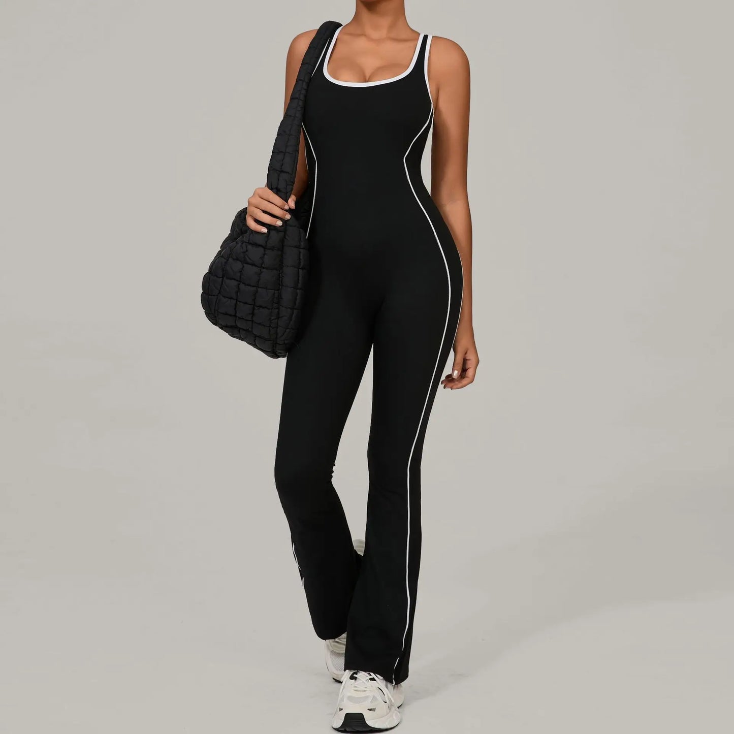 New Women's Seamless Yoga Romper - Fashion Open Back Color Contrast Sculpting Butt-Lifting Bodysuit for Running Gym Workout