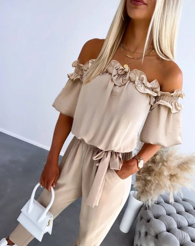 Women's Urban Style Romper Bodysuit 2025 Spring Summer Latest Sweet High Waist Off Shoulder Frill Hem Tied Detail Jumpsuit
