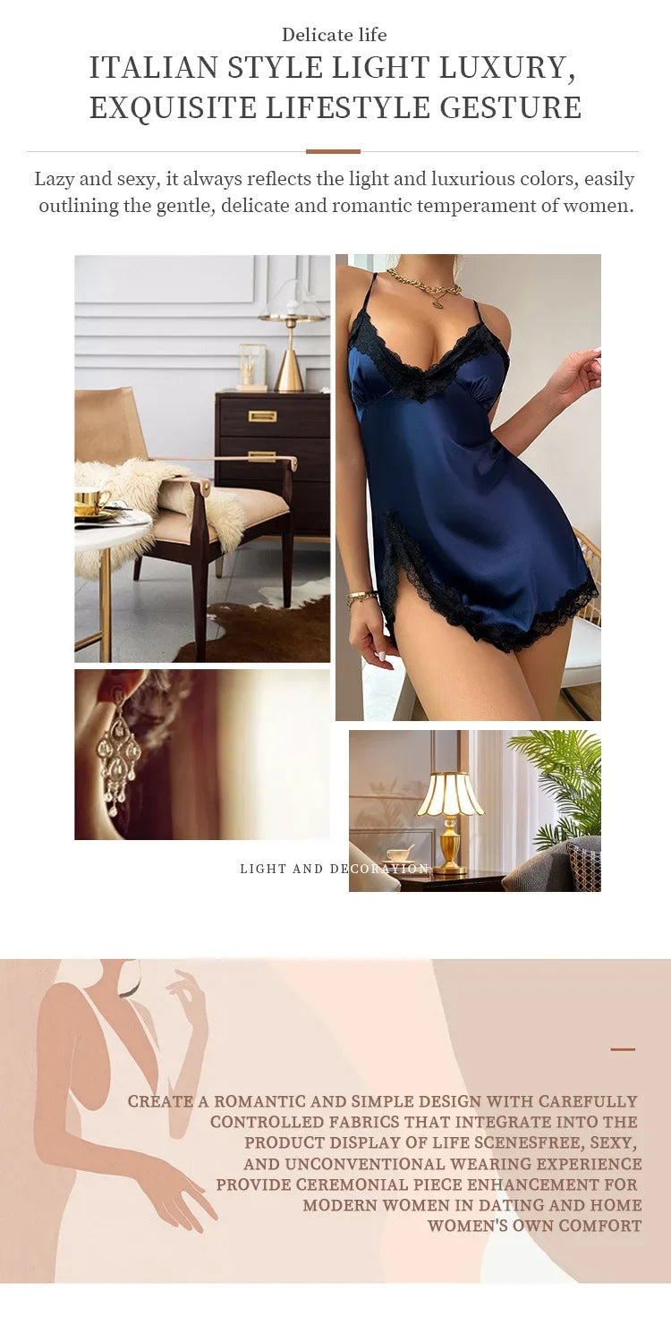 Women's Clothes Sexy Backless Halter Nightgown Lace Nightwear Temptation Fashion V-Neck Satin Ladies Solid Sleepwear Homewear