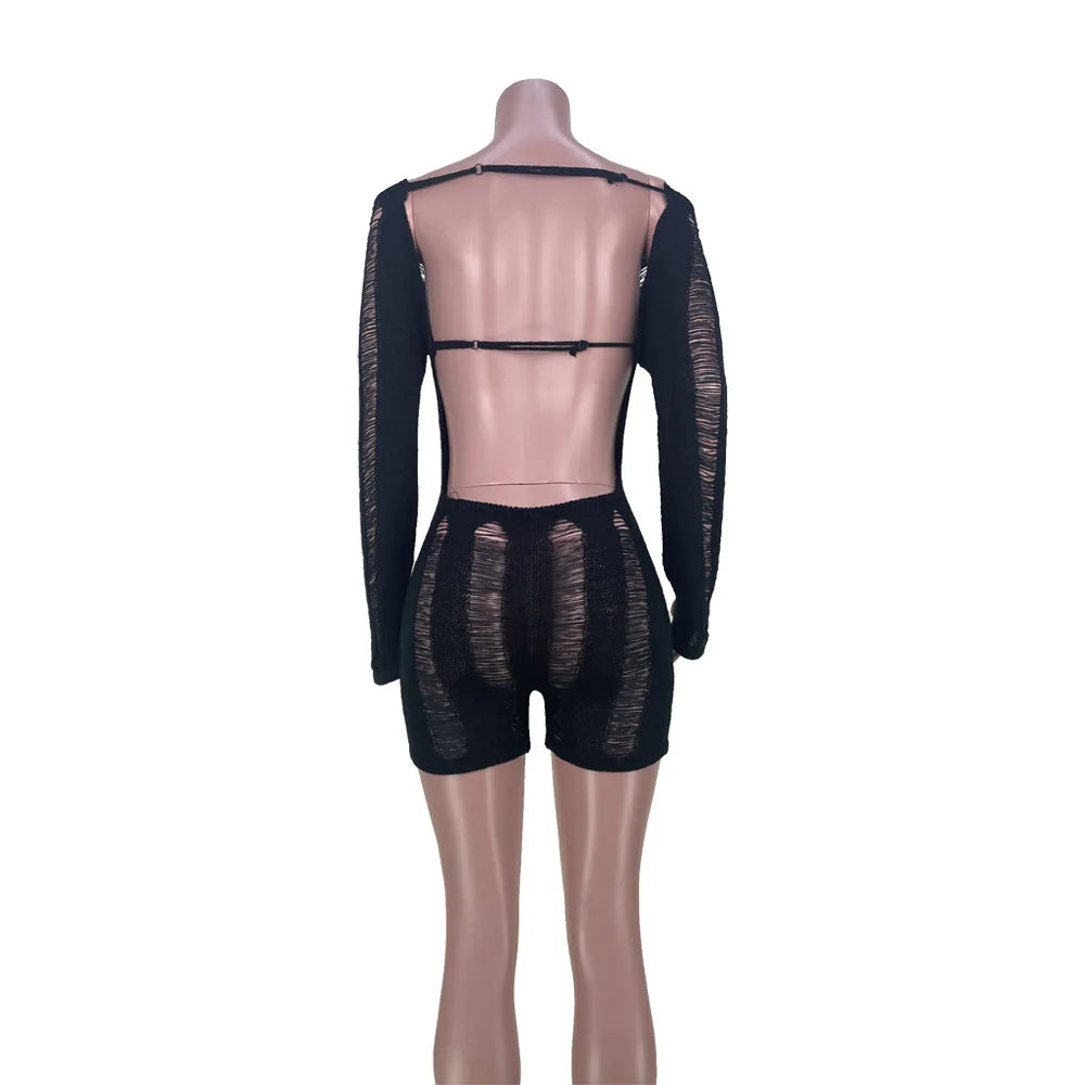 Leosoxs Rip Romper Women See Through Summer One Word Collar Backless Sexy Skinny Fitness Playsuit Activity Party Clubwear