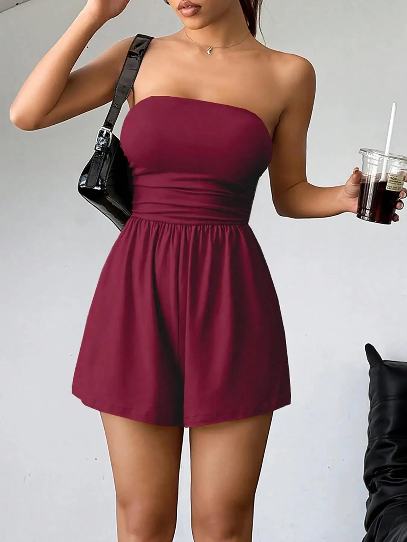 Women's Plain/Leopard Tube Romper - Strapless Fitted Jumpsuit for Summer Casual Wear