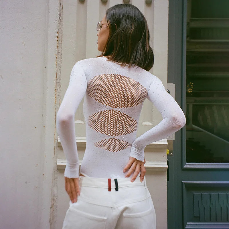 Long sleeve bodysuits sexy Summer outfit body suits women y2k clothes black bodysuit knitted rhinestone body suits seethrough