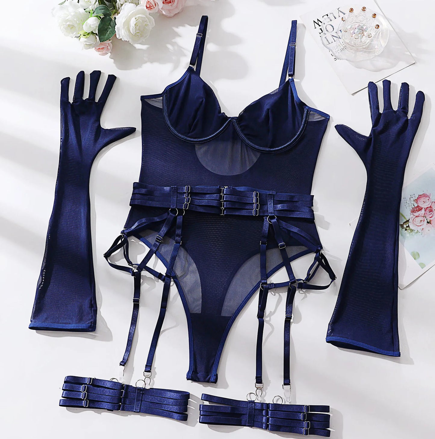 Bodysuit Sexy One-piece With Gloves Garters Mesh Women Rompers Clothing Body Suits Lace Jumpsuit Sweet Korean Women EV5W