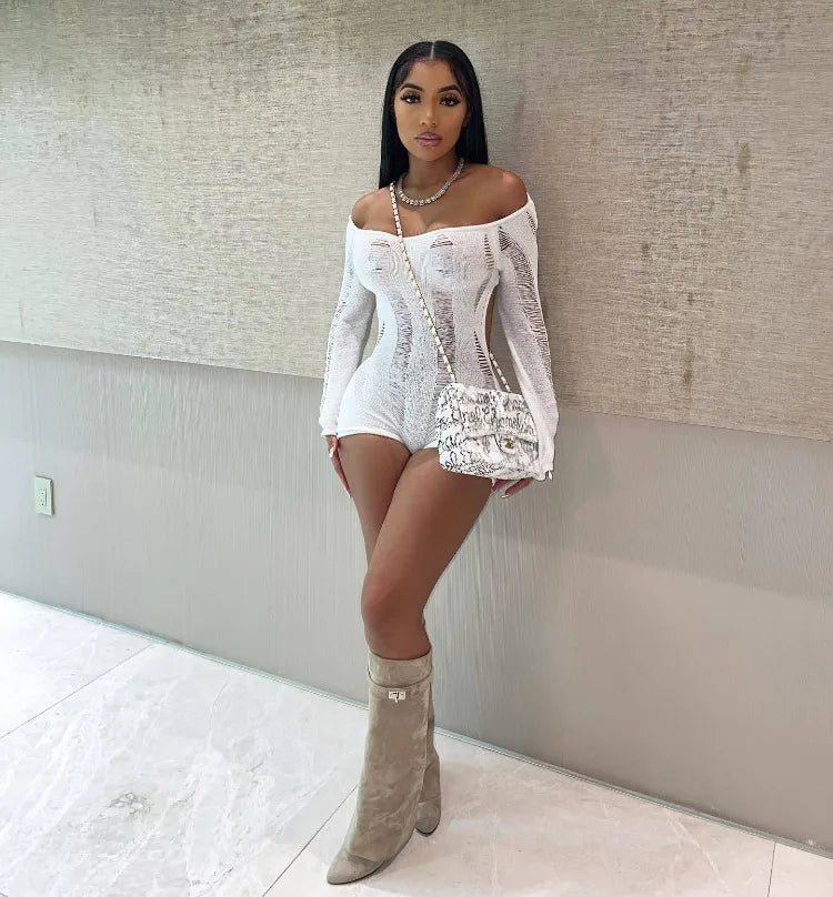 Leosoxs Rip Romper Women See Through Summer One Word Collar Backless Sexy Skinny Fitness Playsuit Activity Party Clubwear