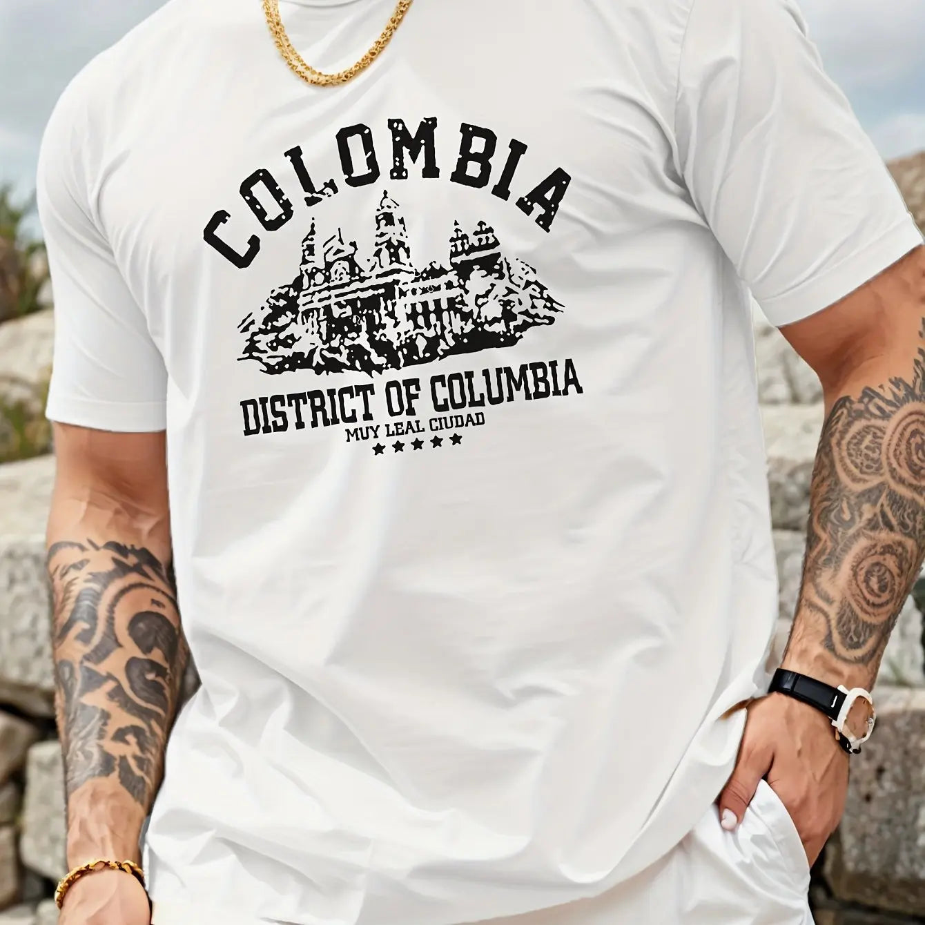 Men's summer 100% pure cotton fashionable casual loose Colombian architectural letter printed round neck short sleeved T-shirt