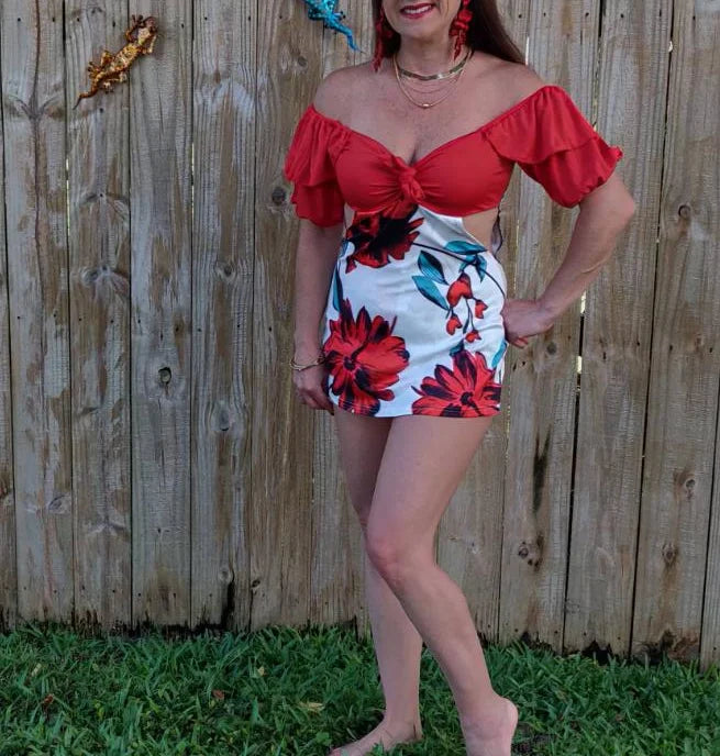 2021 Women Summer Off Shoulder Floral Print Ruffles Cutout Design Romper Knotted Puff Sleeve Skinny Playsuits