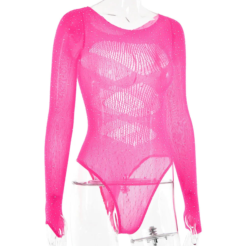 Long sleeve bodysuits sexy Summer outfit body suits women y2k clothes black bodysuit knitted rhinestone body suits seethrough