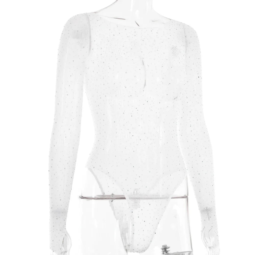Long sleeve bodysuits sexy Summer outfit body suits women y2k clothes black bodysuit knitted rhinestone body suits seethrough