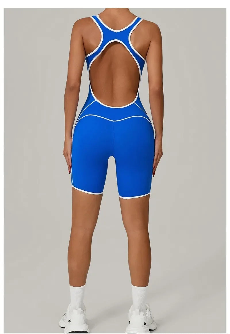 New Women's Seamless Yoga Romper - Fashion Open Back Color Contrast Sculpting Butt-Lifting Bodysuit for Running Gym Workout