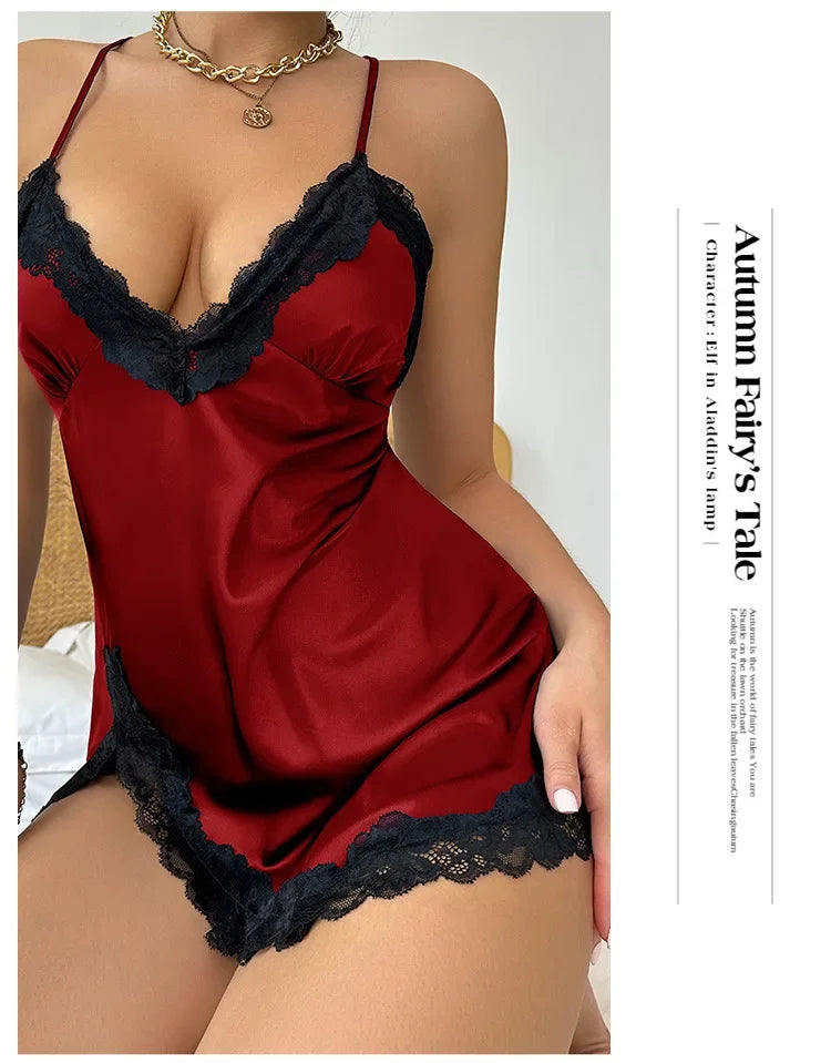 Women's Clothes Sexy Backless Halter Nightgown Lace Nightwear Temptation Fashion V-Neck Satin Ladies Solid Sleepwear Homewear