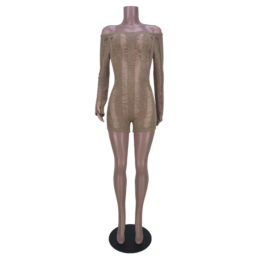 Leosoxs Rip Romper Women See Through Summer One Word Collar Backless Sexy Skinny Fitness Playsuit Activity Party Clubwear