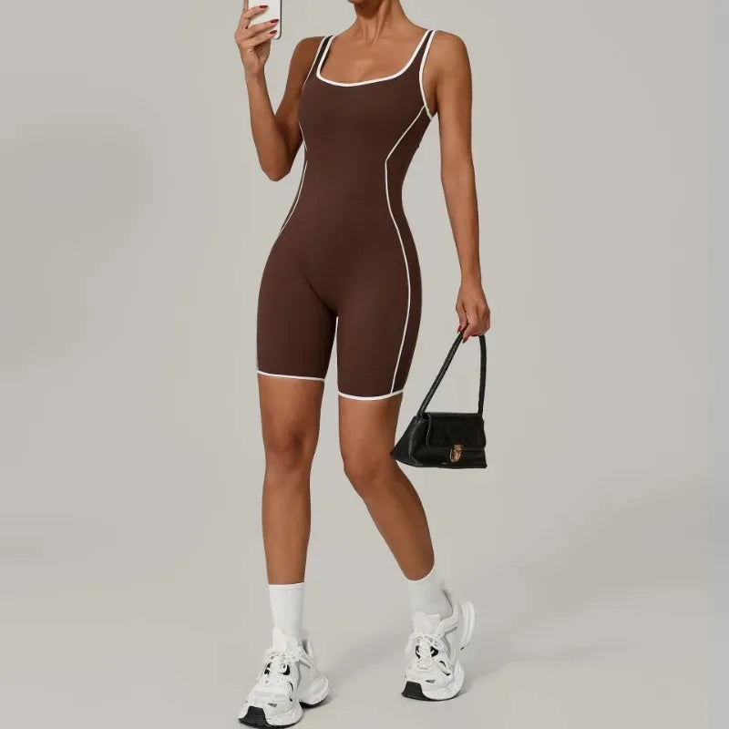 New Women's Seamless Yoga Romper - Fashion Open Back Color Contrast Sculpting Butt-Lifting Bodysuit for Running Gym Workout