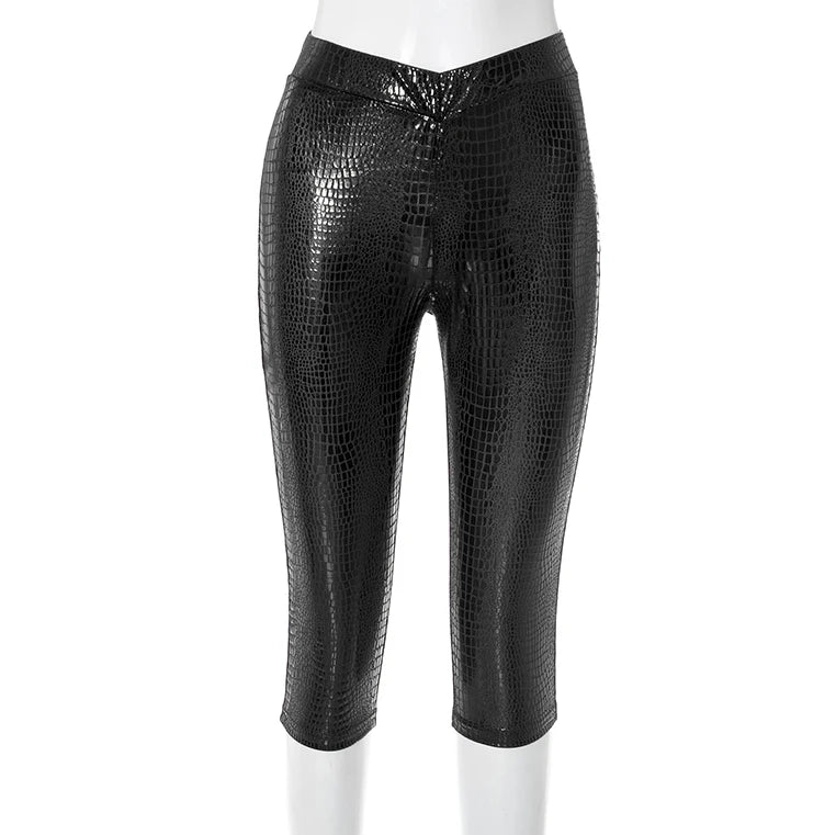 CUTENOVA Sexy Snake Print Solid Color Glossy Elastic High-Waisted Seven-Minute Casual Pants Summer New Women'S Clothing