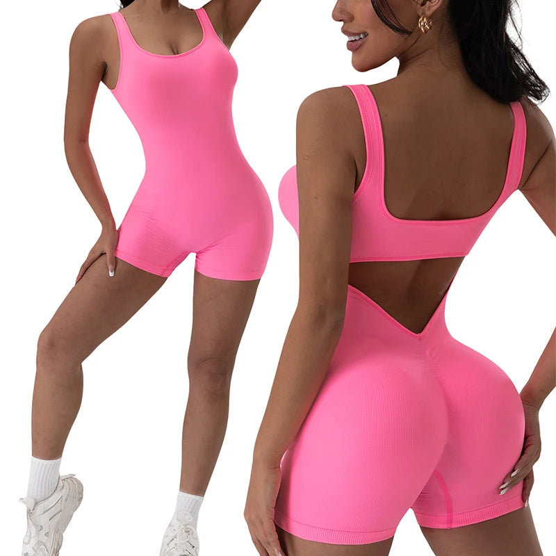 Sexy Backless Women Rompers U Neck Sleeveless Threaded Jumpsuit Solid Color Elastic Bodysuit Without Bust Pads Streetwear
