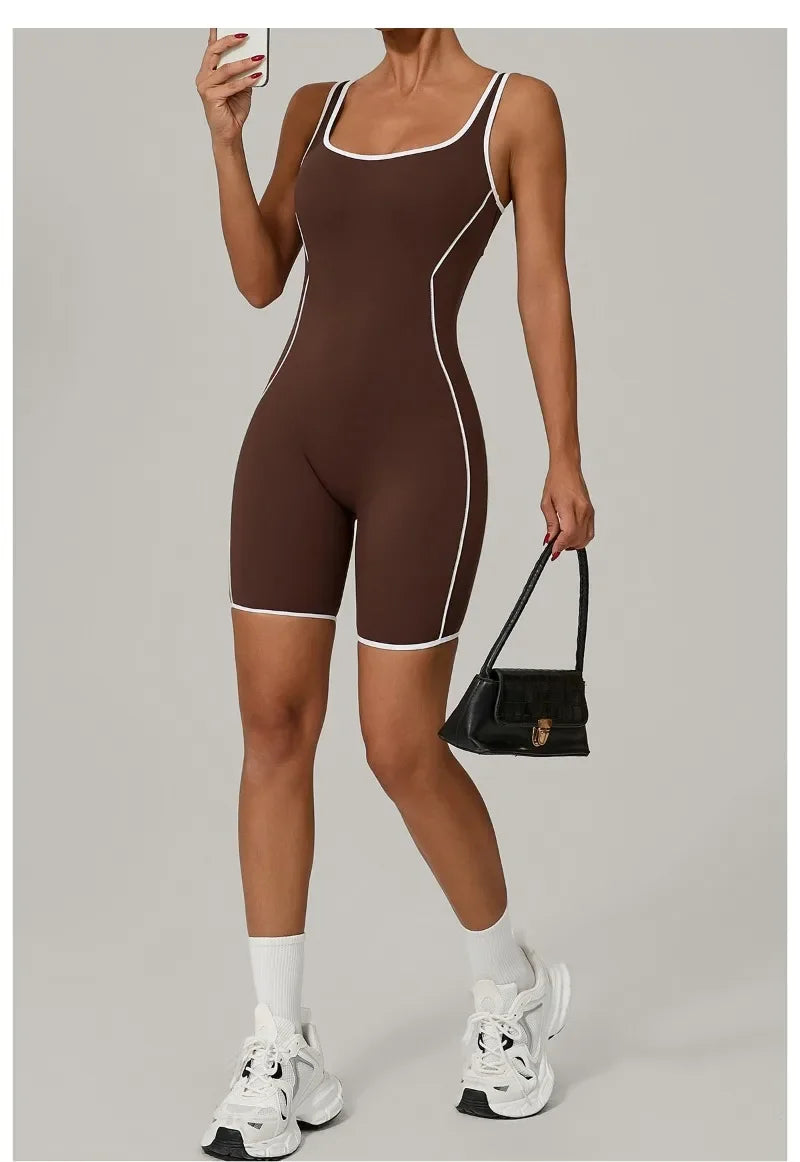 New Women's Seamless Yoga Romper - Fashion Open Back Color Contrast Sculpting Butt-Lifting Bodysuit for Running Gym Workout