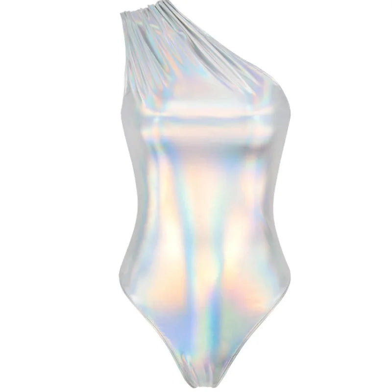 Women's Rompers Slanted Shoulder Onesie Patent Leather Retro Metallic Luster Nightclub Sexy Party Sleeveless Jumpsuit for Women