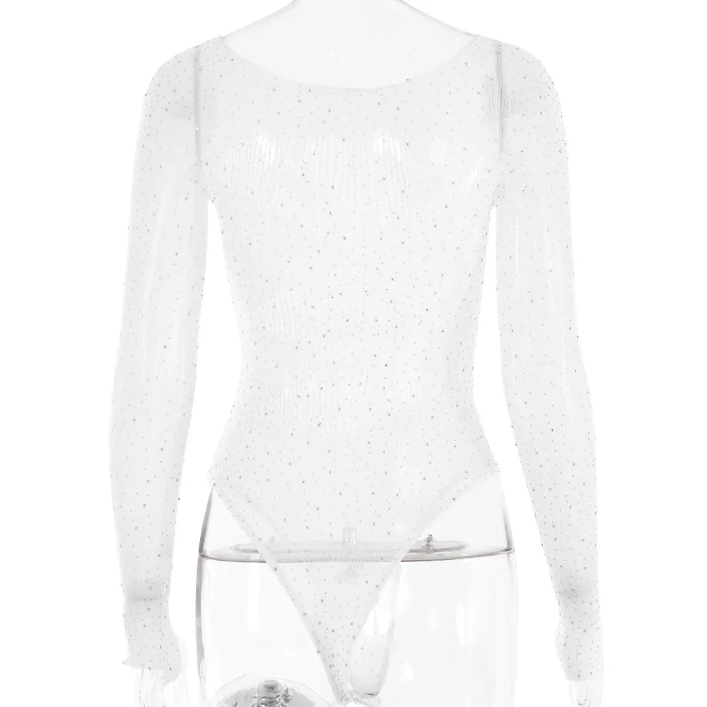 Long sleeve bodysuits sexy Summer outfit body suits women y2k clothes black bodysuit knitted rhinestone body suits seethrough