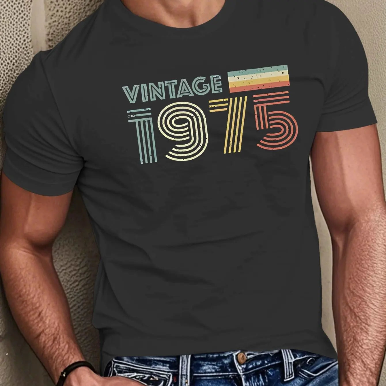 Men's summer 100% pure cotton fashionable casual loose vintage 1975 letter printed sports round neck short sleeved T-shirt top