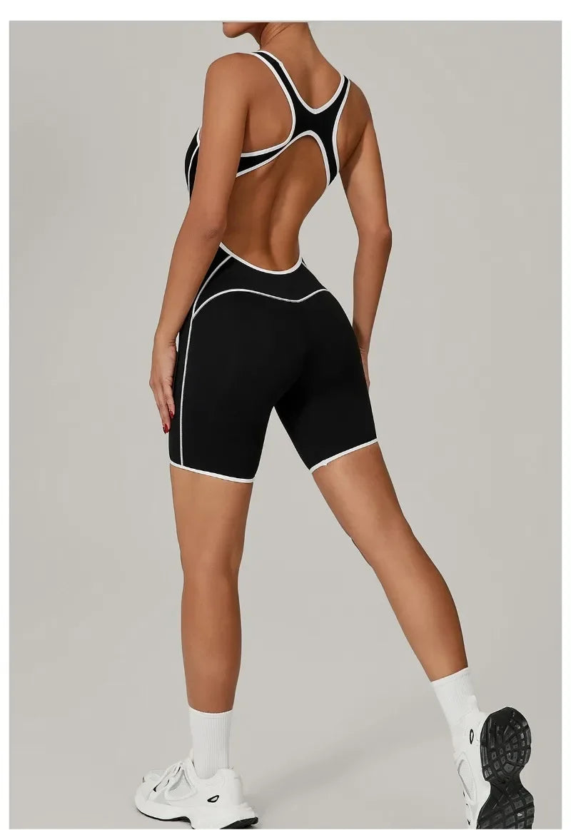 New Women's Seamless Yoga Romper - Fashion Open Back Color Contrast Sculpting Butt-Lifting Bodysuit for Running Gym Workout