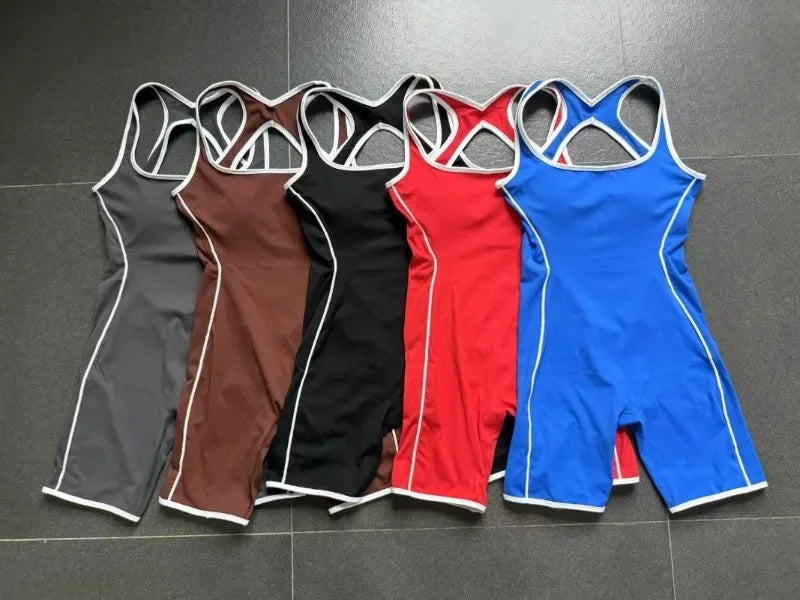 New Women's Seamless Yoga Romper - Fashion Open Back Color Contrast Sculpting Butt-Lifting Bodysuit for Running Gym Workout