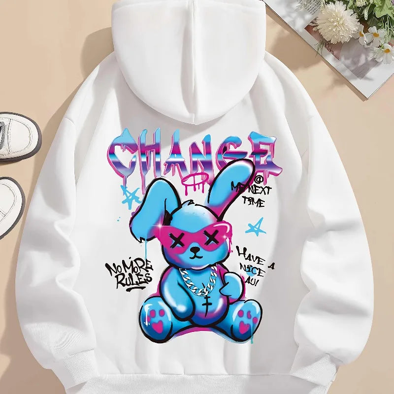 Rabbit print hoodie drawstring casual hooded sweatshirt men and women street style hoodie top