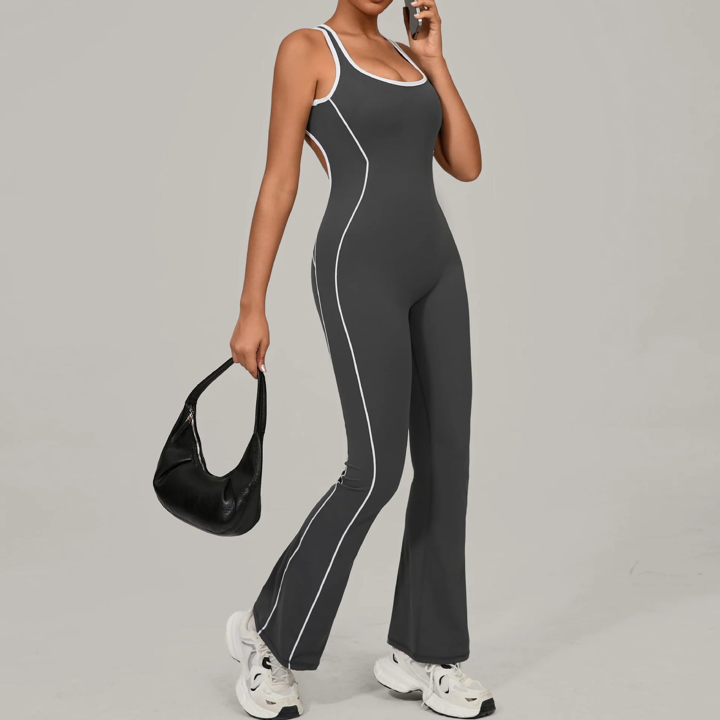 New Women's Seamless Yoga Romper - Fashion Open Back Color Contrast Sculpting Butt-Lifting Bodysuit for Running Gym Workout