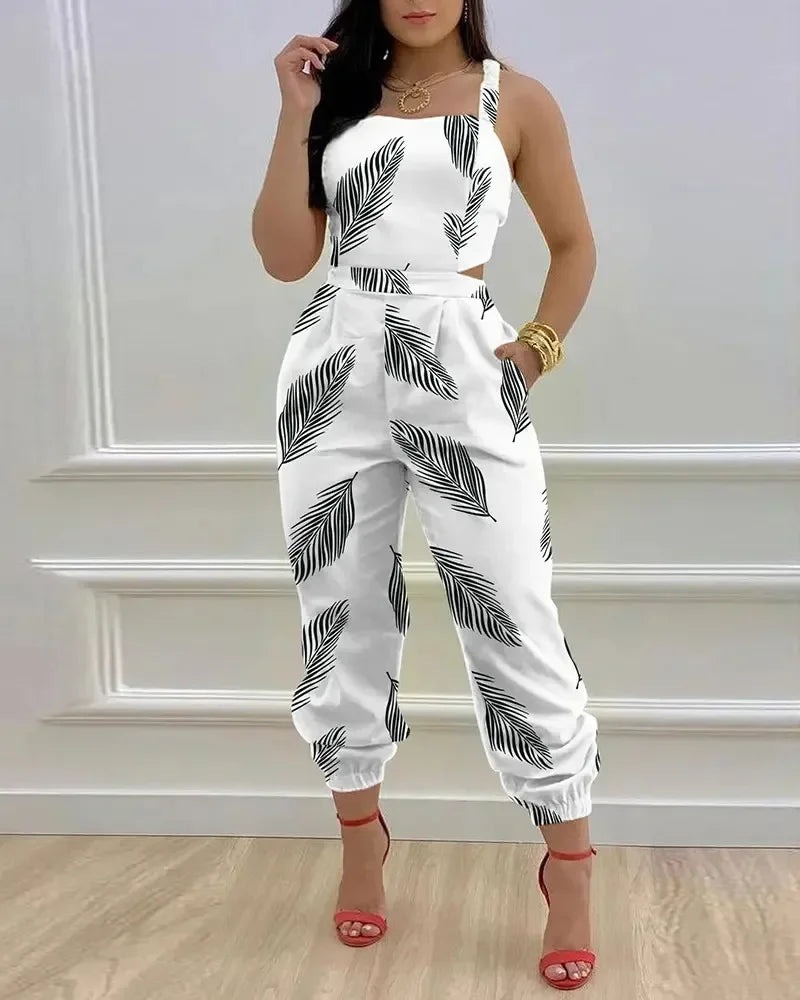 Women Printed Letter Jumpsuits Sleeveless V Neck Suspenders Backless High Waist Trousers Overall Rompers Pockets One Piece